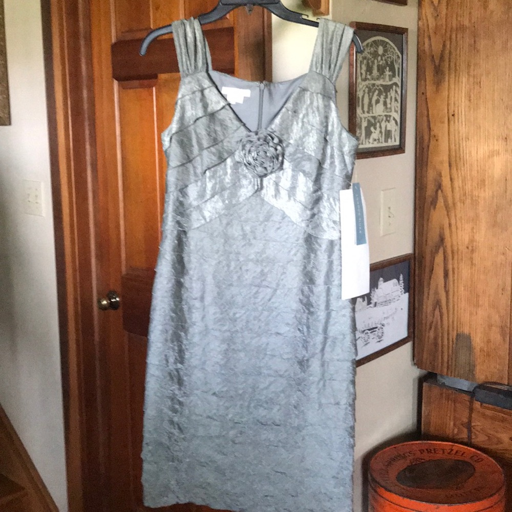Pewter gray satin ruffle sleeveless cocktail dress